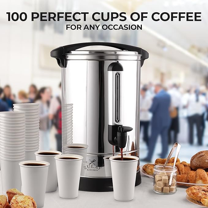 Zulay Commercial Coffee Maker Machine Urn - Large Percolator Pot Dispenser With Double-Wall Stainless Steel, Quick Brew, Stays Hot - Also for Water, Tea, Beverage at Events & Catering - 100 Cup Silver