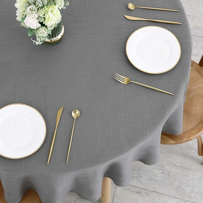 maxmill Lux Faux Linen Tablecloth with Slubby Texture Wrinkle Resistant Anti-Shrink Soft Table Cloth for Kitchen Dining Restaurant Tabletop for Event Holiday Dinner Round 70 Inch Neutral Gray