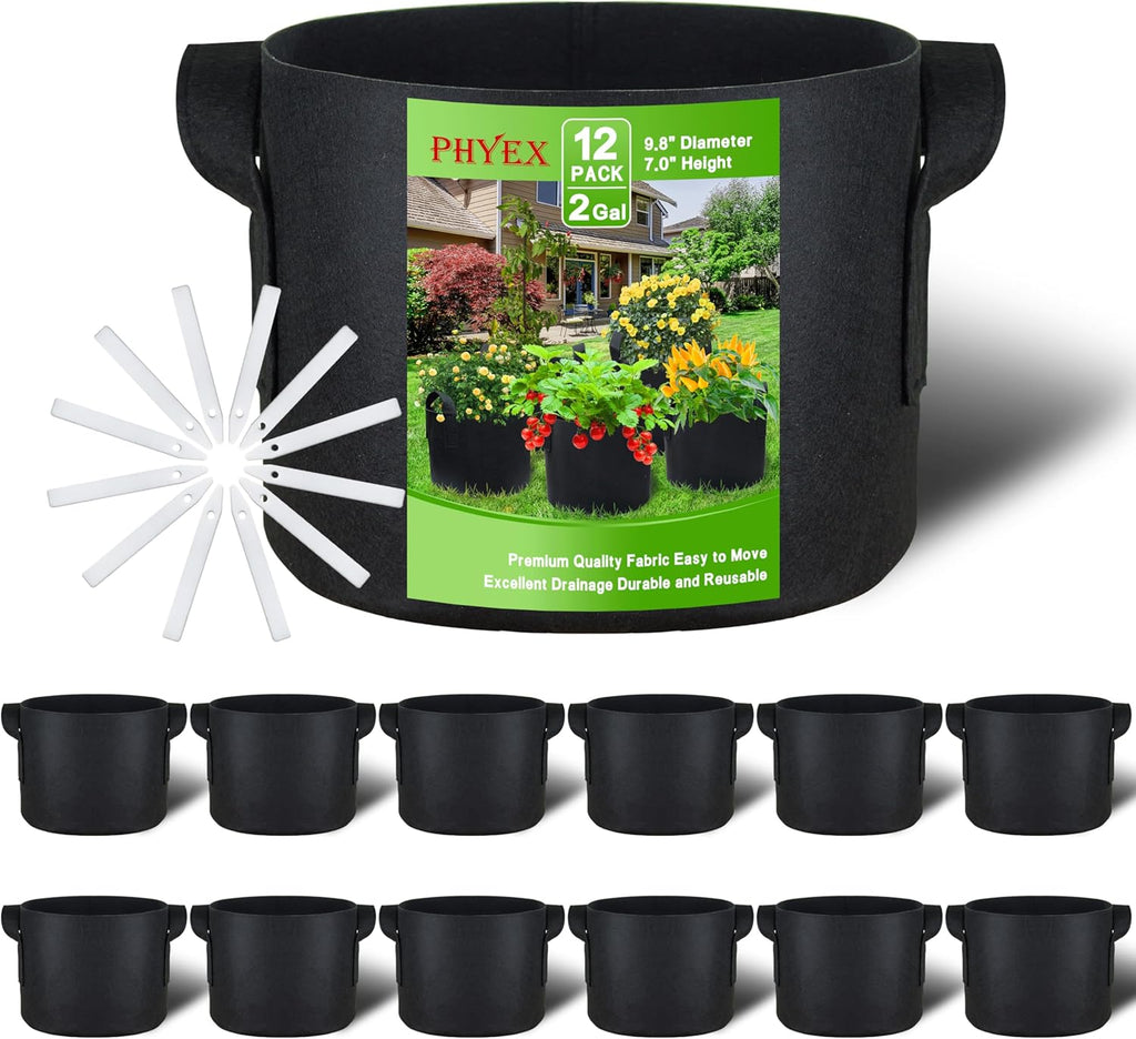 PHYEX 12-Pack 2 Gallon Grow Bags, Heavy Duty Fabric Pots with Handles, Reusable Plant Bags for Vegetable, Herbs & Flowers, BPA-Free, Breathable, Durable