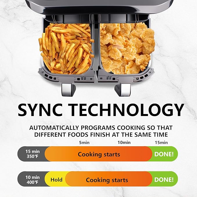 Dual Basket Air Fryer 9.5QT, 2 Non - stick Drawer Ovens with 11 in 1 Cooking Presets, Sync Cooking Finish, No Oil Required, Crispy and Aromatic, Digital Control, 2400W Power, Dishwasher Safe, Black