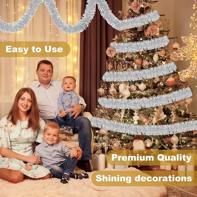 25 Feet Silver Christmas Tinsel Garland, Metallic Foil Twist Banner Wall Hanging Tinsel Streamers Backdrop for Parade Floats, Christmas, Mother's Day, Birthday Party Decorations(4in x 25ft)
