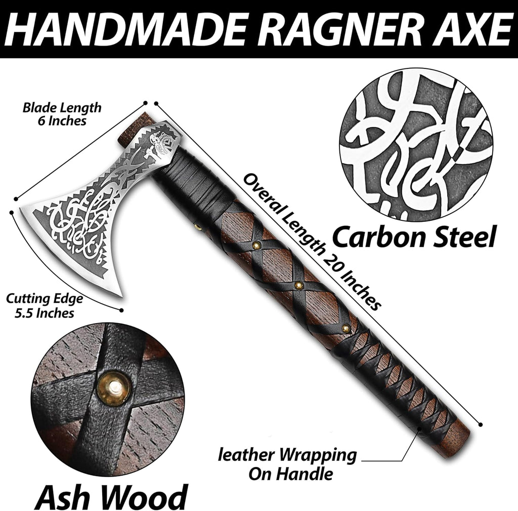 SHINY CRAFTS-Norse Viking Axe Wedding Gifts Camping Axe Berserker Axes-Handmade Viking Pizza Axe Authentic Medieval Pizza Cutter Axe with Carved Handle & Leather Sheath (VBA-27-A)