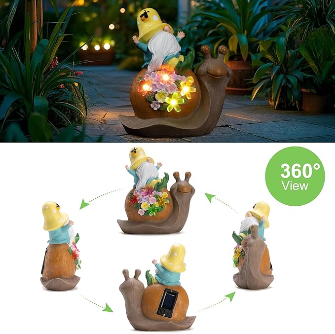 Solar Garden Outdoor Statue Snail Gnome with Succulent and LED Light - Patio,Lawn,Garden,Tortoise Statue for Patio,Unique Housewarming Gifts