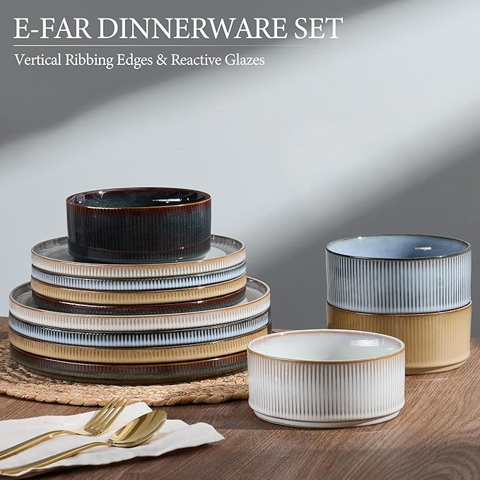 E-far 12-Piece Plates and Bowls Sets, Stoneware Dinnerware Dishes Sets for 4, Kitchen Modern Dining Dishware, Chip & Scratch Resistant, Microwave & Dishwasher Safe, Multicolor
