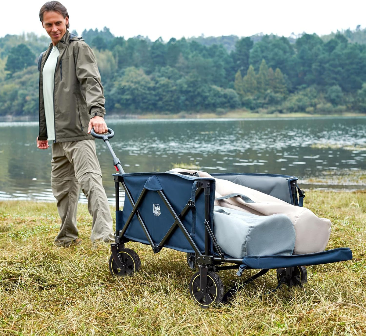 Timber Ridge 49" Extra Long Collapsible Folding Wagon with Tailgate and Brakes, 300lbs Heavy Duty Foldable Wagon with Adjustable Handle, 250L Capacity Portable Cart for Outdoor Camping Sports, Blue
