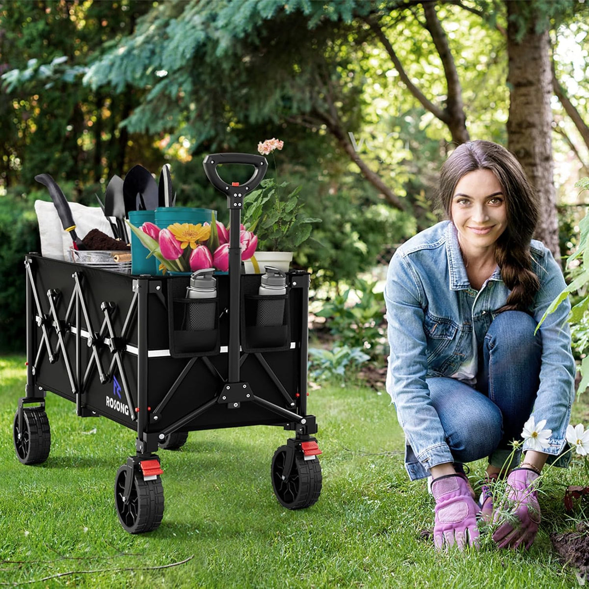 Collapsible Wagon Cart with Wheels Foldable - Folding Utility Heavy Duty Wagons Carts for Grocery Sports Garden Shopping Camping Wheelbarrows (Black, 150L)
