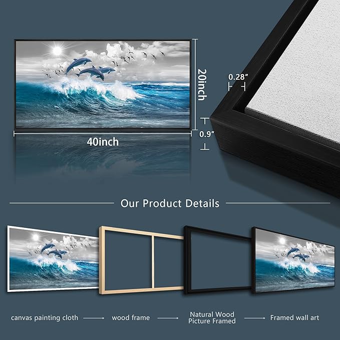 Wapluam Black Framed Wall Decor For Living Room Large Wall Art For Bedroom Blue Waves Of The Sea Wall Pictures Artwork Modern Office Canvas Art Print Dolphins Wall Paintings Ready To Hang 20 X 40