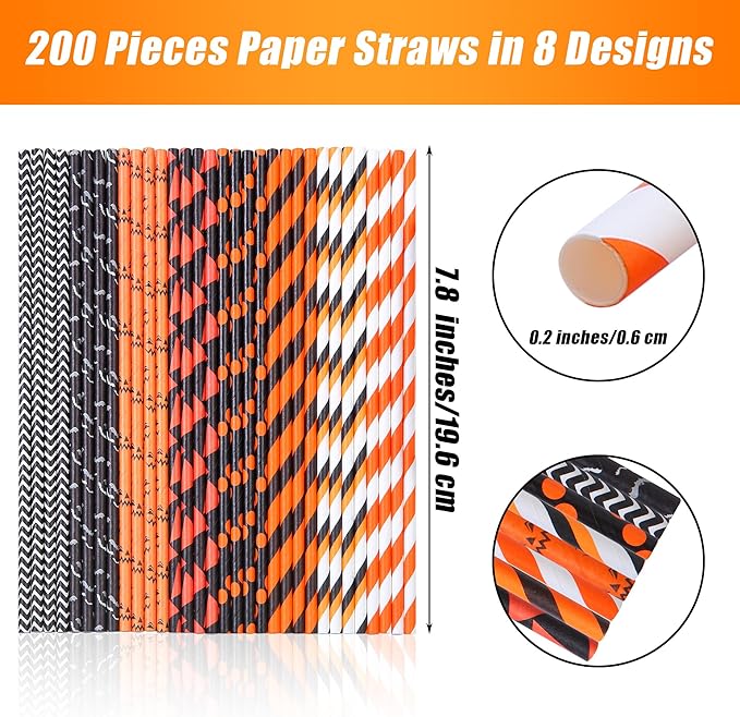 Cooraby 200 Pieces Halloween Paper Straws Biodegradable Drinking Stripe Bicolor Stripe Dot Straw Mix for Wedding Supplies and Party Favors, 8 Styles (Black and Orange)