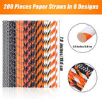 Cooraby 200 Pieces Halloween Paper Straws Biodegradable Drinking Stripe Bicolor Stripe Dot Straw Mix for Wedding Supplies and Party Favors, 8 Styles (Black and Orange)
