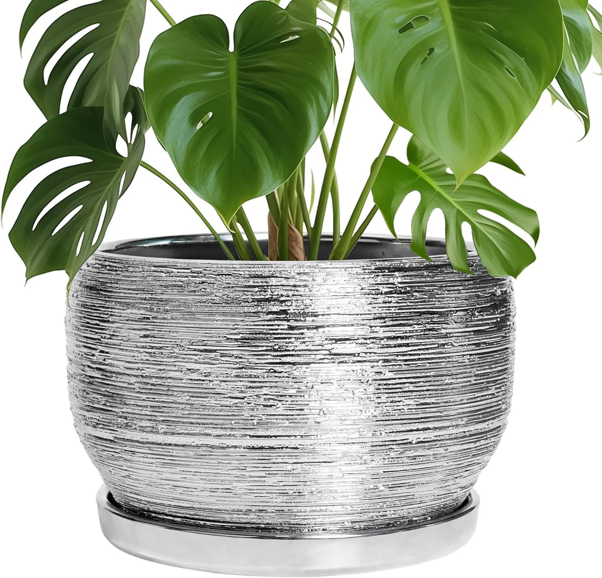 SQOWL Ceramic Pot for Plants - 10 Inch Planter Indoor, Round Large Planter Outdoor with Drainage Hole and Plant Saucer, Decorative Ceramic Flower Pot, Kitchen Decor, Housewarming Gifts, Silver