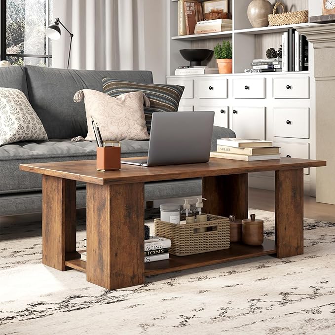 Tangkula 2-Tier Coffee Table, Modern Rectangular Center Cocktail Table with 5 Support Legs, Wooden Accent Living Room Furniture, Small Coffee Table for Small Spaces, Easy Assembly (Rustic Brown)