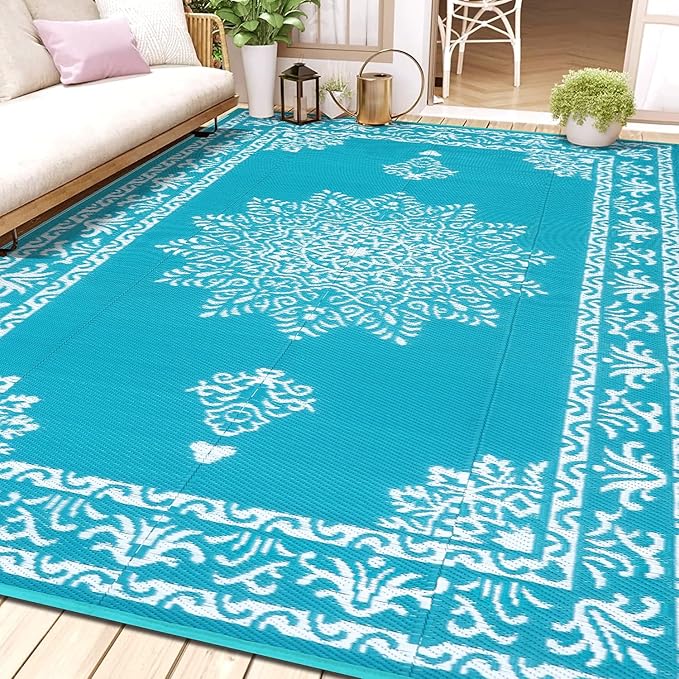 Yamaziot Outdoor Rug 8x10 Ft, Waterproof Plastic Straw Patio Rug, Reversible Backyard Carpet UV Resistant Portable RV Mat Clearance, Large Indoor Outdoor Rug for Patio, Porch, Deck, Balcony, Teal