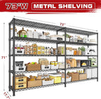 REIBII 73''W Storage Shelves Load 1650 LBS Metal Shelving 5-Tier Wire Shelving Unit for Storage Rack Adjustable Heavy Duty Metal Shelves for Pantry Kitchen Garage, 17.7" D x 73" W x 71" H，2PCS