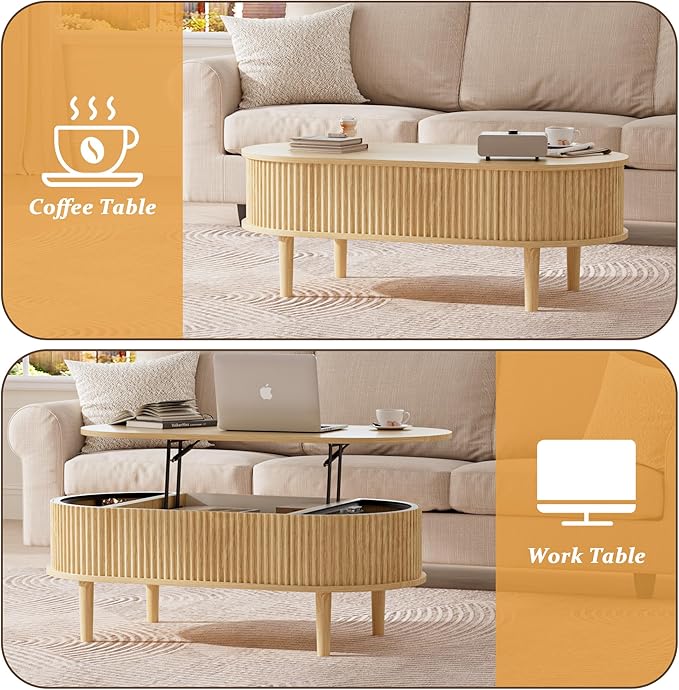 EAG Fluted Lift Top Coffee Table with Hidden Compartment, Modern Oval Coffee Table with Storage, Fully Wood Center Table for Living Room, Office, Natural