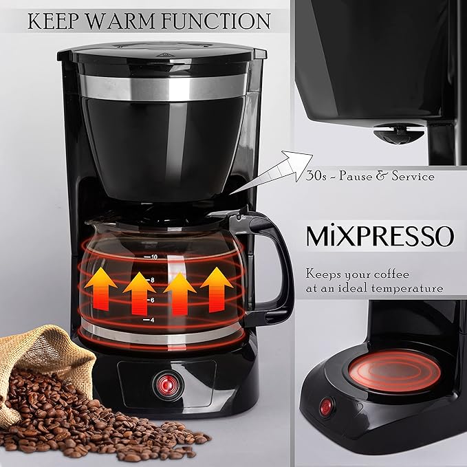 Mixpresso 10-Cup Drip Coffee Maker, Black Coffee Pot With Reusable Filter