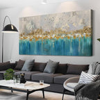 Arjun Teal Gold Abstract Wall Art Blue Turquoise Hand Painted Textured Painting Canvas Modern Grey Artwork Wooden Framed for Living Room Bedroom Bathroom Home Office Wall Decor, Extra Large 58"x29"