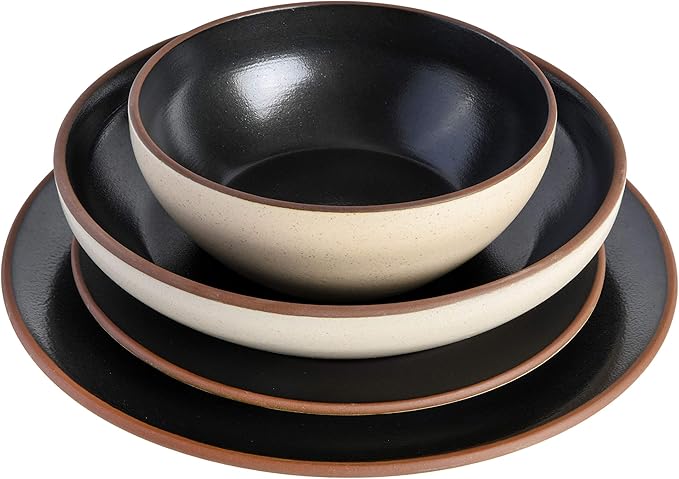Gibson Elite Contempo Classic Double Bowl Dinnerware Set, Service for 4 (16pcs), Black