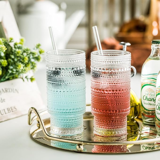 KEMORELA Glass Cups Vintage Glassware Set of 6 Large, Hobnail Drinking Glasses, 16oz Glass Cups With Straws, Romantic Hobnail Highball Glasses, Bar Beverages Ice Coffee Cup Glassware