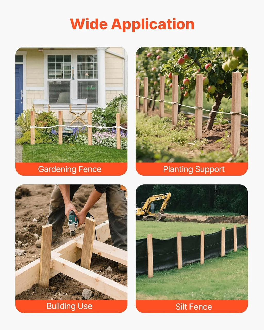 VEVOR Wooden Garden Stakes, 25 Pcs 24 x 0.5 x1.5 in Survey Grading Stakes, Garden Ground Stake with Sharp Point, Fir Wood Plant Support Stake, Sign Posts for Silt Fence Backyard Boundaries Baselines