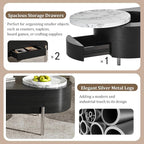 WILLIAMSPACE 47.2" Oval Lift Top Coffee Table with 360-degree Marble-Patterned Rotating Tray, Modern Wooden Center Table Side End Table Lift Tabletop with Hidden Compartment for Living Room, Black
