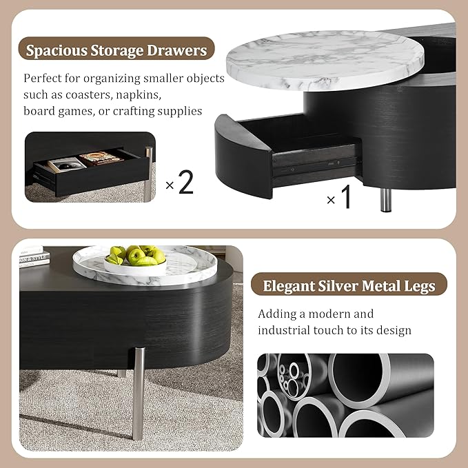 WILLIAMSPACE 47.2" Oval Lift Top Coffee Table with 360-degree Marble-Patterned Rotating Tray, Modern Wooden Center Table Side End Table Lift Tabletop with Hidden Compartment for Living Room, Black