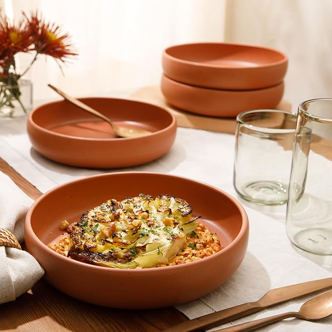 Bloomhouse Corsica Clay 4 Piece Dinner, Pasta, Meal Bowl Set - Burnt Apricot Terracotta
