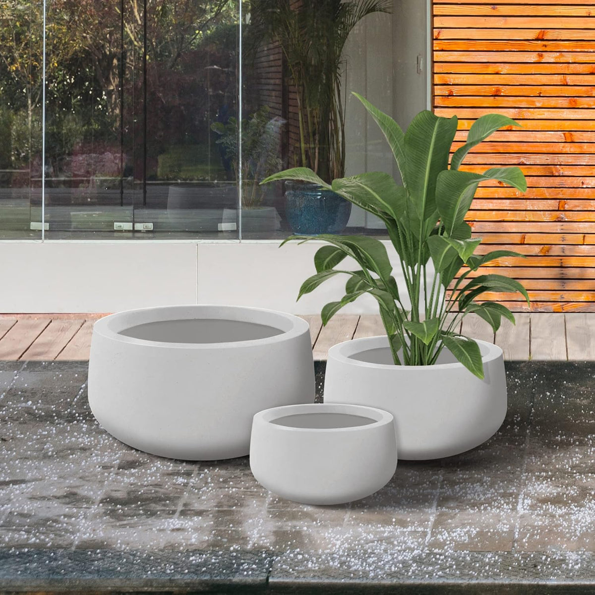 Kante 19.6",15.7",11.8" Dia Round Concrete Planters Set of 3, Outdoor Indoor Garden Plant Pots with Drainage Hole and Rubber Plug, Modern Curvaceous Design, Pure White
