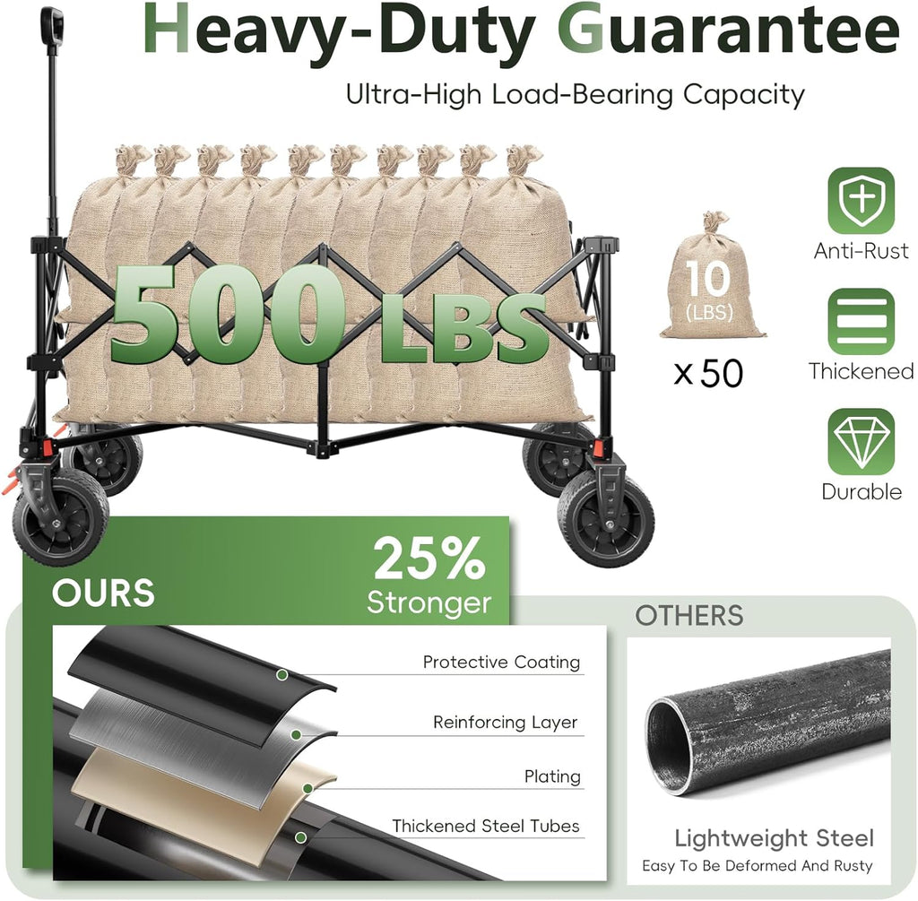 46" L Collapsible Foldable Extended Wagon, 500LB Weight Capacity with 280L Heavy Duty Folding Cart,Utility Wagon with All-Terrain Beach Wheel & Drink Holders,Gray