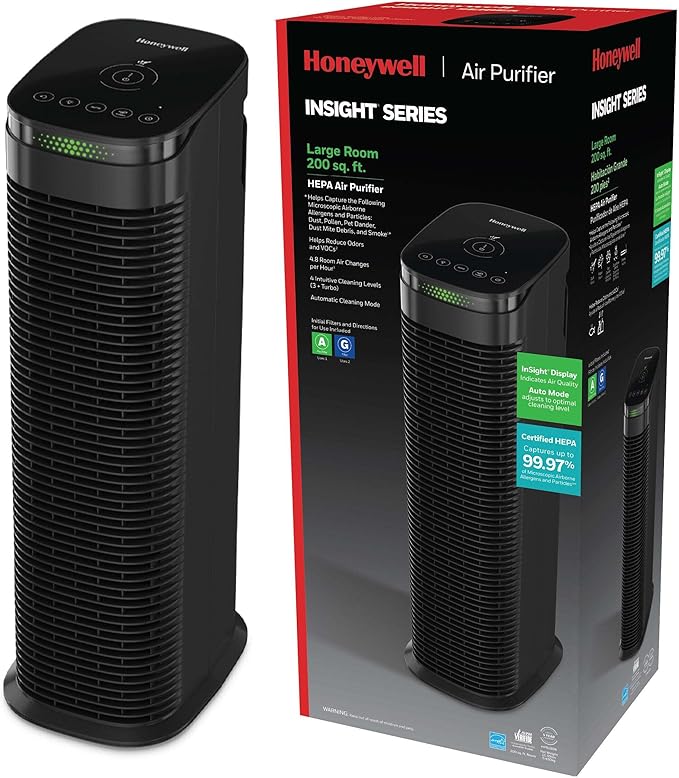 Honeywell HEPA Air Purifier for Home, 990 Ft² Rooms in 1 hour, Auto Mode, Air Quality Indicator, Reduces Dust, Pollen, Pet Dander, All Smoke Types, Odors, Black, HPA180B