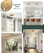 LMS Brushed Gold 3-Light Cluster Pendant Lights, Modern Kitchen Island Lighting with White Globe Glass Shade, Adjustable Hanging Cord Ceiling Light for Bathroom Bedroom Dining Room, LMS-186BG3