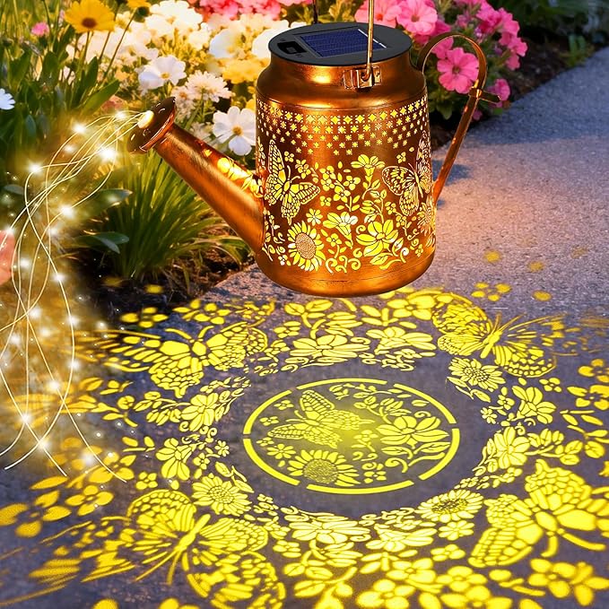 VOOKRY Solar Lights Outdoor Waterproof, Butterfly Retro Metal Solar Watering Can Lights, Gifts for Women Mom Grandma Mother's Day, Hanging Lantern Decorative Garden Decor for Outside Yard Lawn Patio