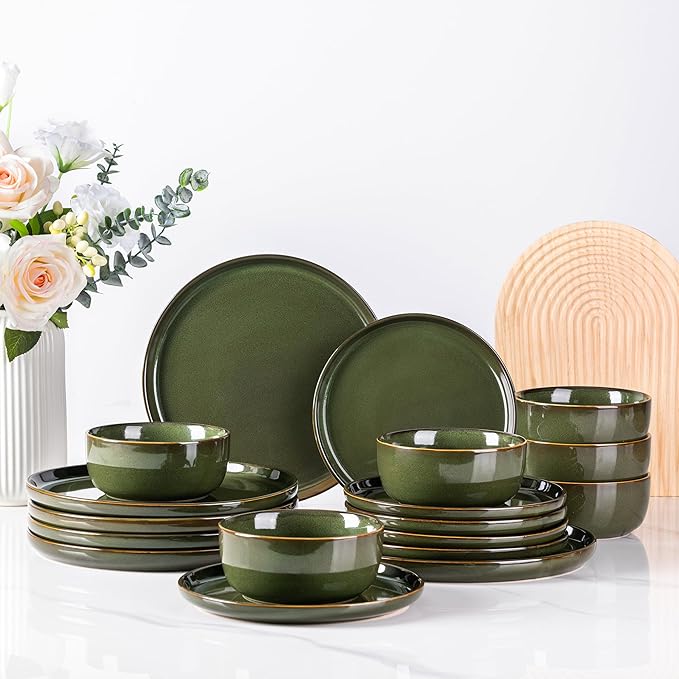 AmorArc Stoneware Dinnerware Sets,Round Reactive Glaze Ceramic Plates and Bowls Set,Highly Scrath Resistant | Dishwasher & Microwave Safe Dishes,Service for 6 (18pc)