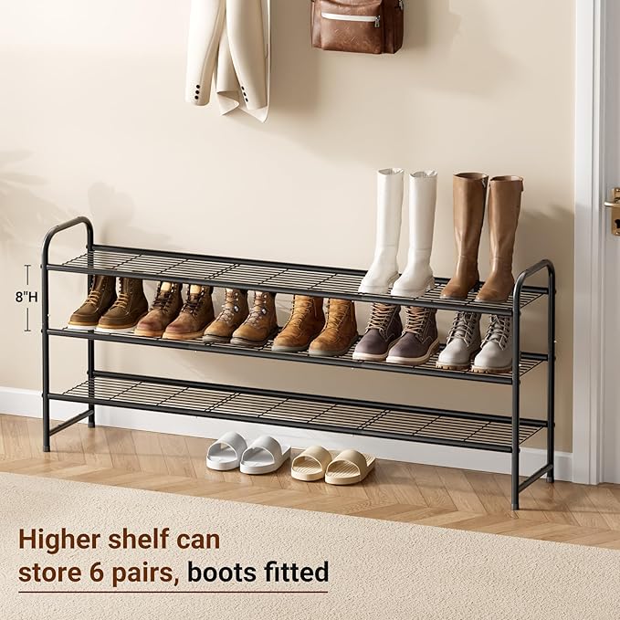 KEETDY 3-Tier Long Shoe Rack for Closet Metal Shoe Organizer for Entryway, Wide Stackable Shoe Storage Shelf with Sturdy Wire Grid for Closet Floor, Bedroom, Black