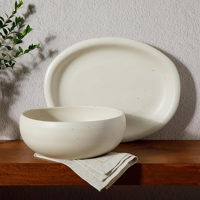 Bloomhouse Corsica Clay 2 Piece Oval Platter and Bowl Serving Set - Sea Salt White