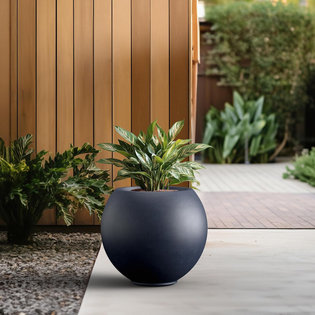 Kante Round Concrete Flower Pot, 19.3 Inch Dia (14" Opening) Sphere Shape Design Planter with Drainage Hole and Rubber Plug for Indoor & Outdoor Plants, Charcoal Finish with Forest Green Interior