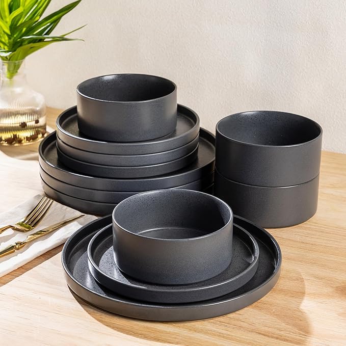 GBHOME Ceramic Dinnerware Sets for 4, Stoneware Plates and Bowls Sets, Chip and Scratch Resistant Dishes, Dishwasher & Microwave& Oven Safe Dishes sets, Reactive Glaze-Speckled Black