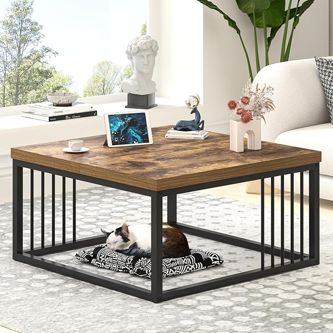 FOLUBAN Modern Coffee Table, Square Center Table for Living Room, Industrial Rustic Wood and Metal Cocktail Tea Table, 31.5 Inch, Brown