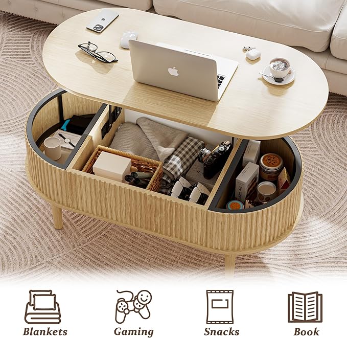 EAG Fluted Lift Top Coffee Table with Hidden Compartment, Modern Oval Coffee Table with Storage, Fully Wood Center Table for Living Room, Office, Natural