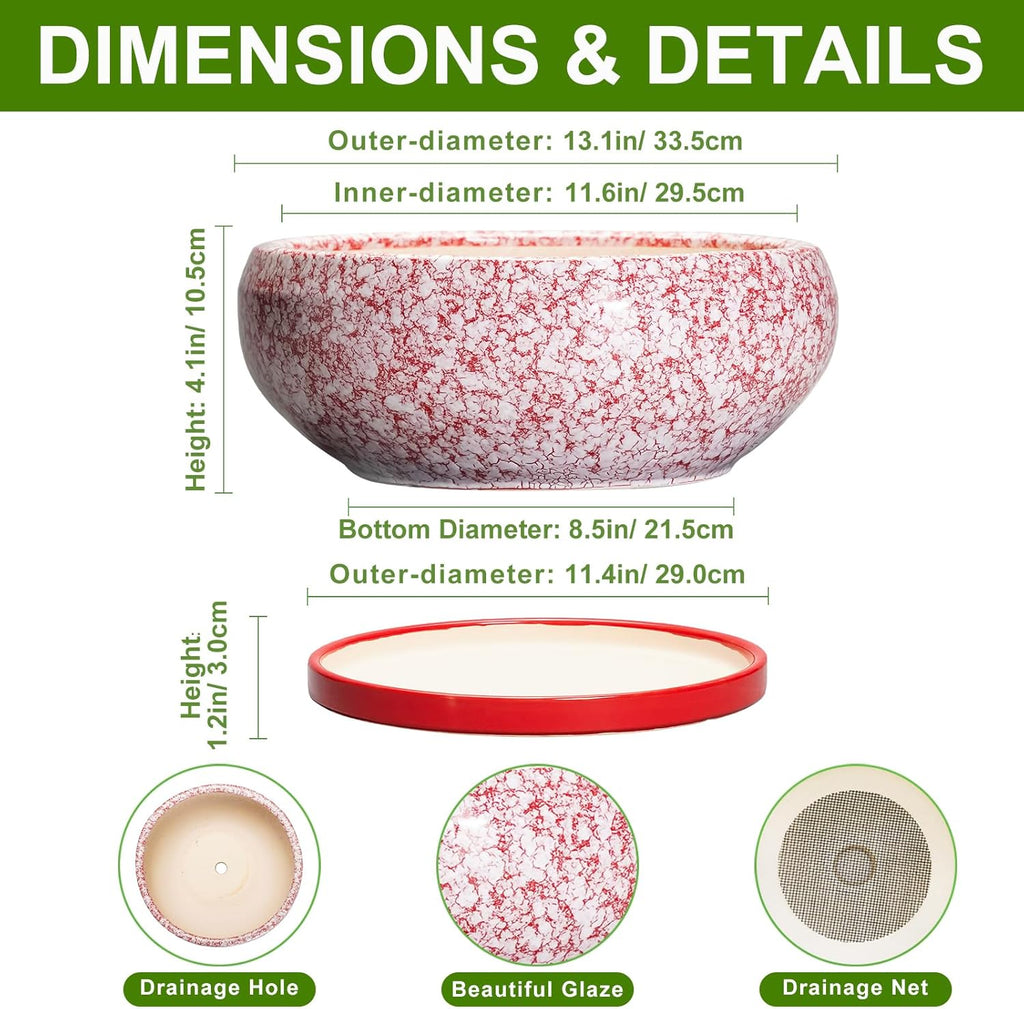 Bonsai Tree Pots 13 Inch - Ceramic Bonsai Pots with Drainage Hole and Tray, Large Succulent Planters Indoor, Round Bowl Planter Outdoor, Shallow Planter, Garden Decor, Plant Lover Gifts, Red