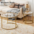 aboxoo Nesting Coffee Table Set of 2, Small Round Glass Nesting Tables for Living Room Bedroom, Accent Tea Table with Gold Metal Frame Modern Industrial Simple