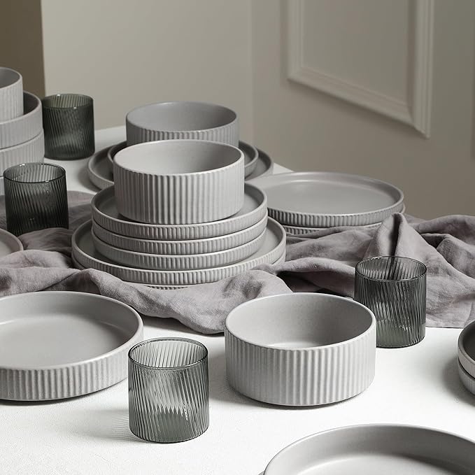 Stone Lain Haven Stoneware 32-Piece Dinnerware Set, Plates and Bowls Sets for 8, Grey Dish Set, Includes Dinner and Salad Plates, Cereal Bowls, Glassware, Microwave & Dishwasher Safe