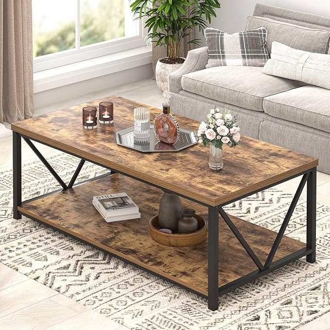 EXCEFUR Modern Coffee Table, Rustic Wood and Metal Living Room Table with Storage Shelf, Industrial Rectangle Center Table, 47 Inch Brown