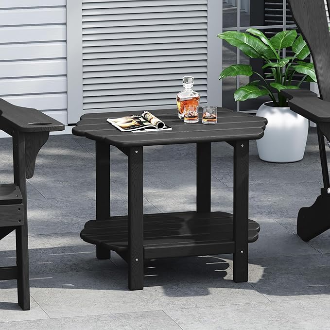 Small Outdoor Side Tables Modern 2-Tier Adirondack Table Rustic End Table HDPE Storage Shelf Industrial Corner Rectangle Coffee Table for Patio Garden Balcony Backyard Pool Farmhouse Home Black