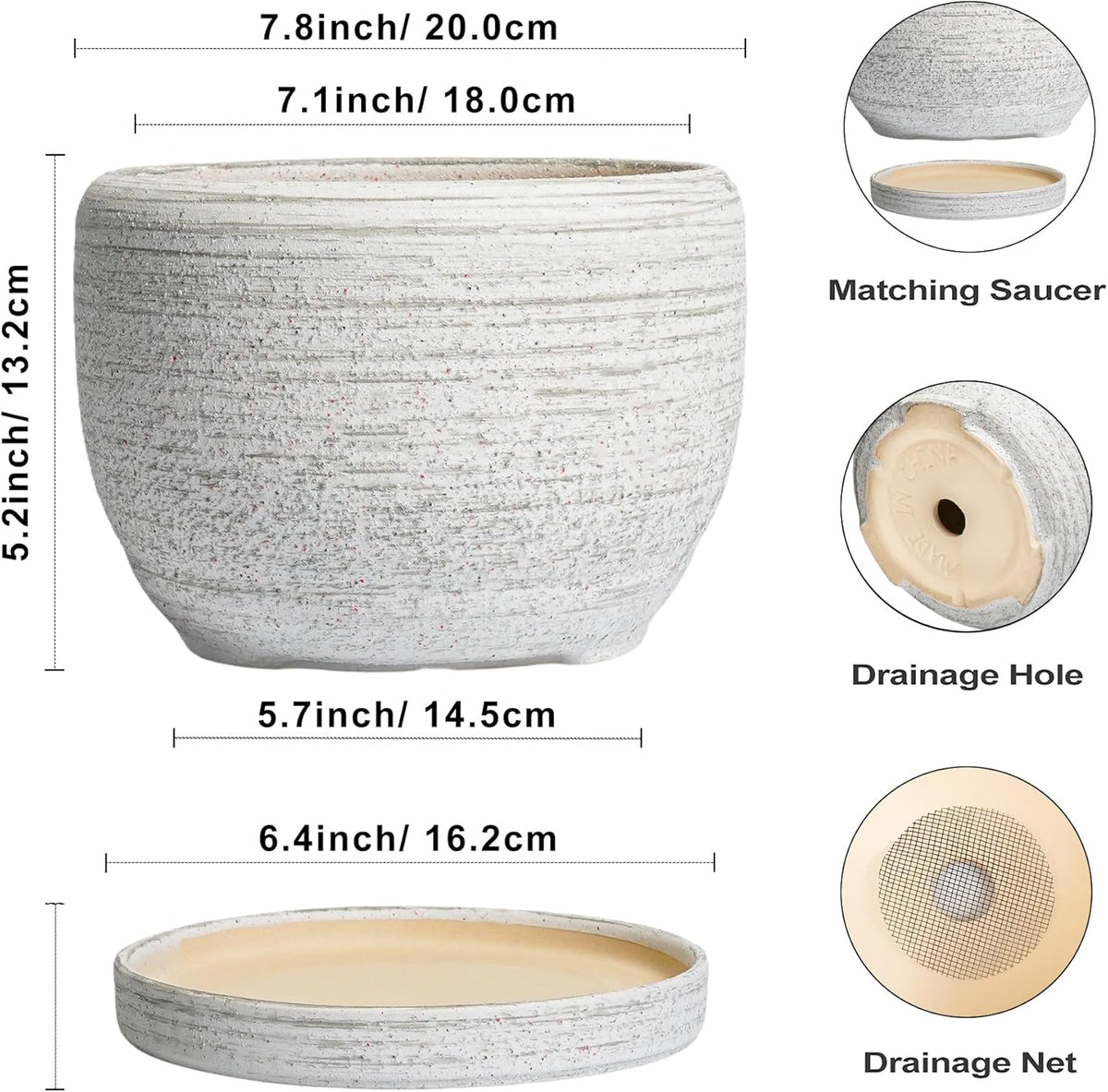 SQOWL Ceramic Plant Pots - 8 inch Planter for Indoor Plants, Round Flower Pot with Drainage Hole and Plant Saucer, Modern Decorative Ceramic Planter Outdoor, Home Room Decor, Garden Gifts, Gray