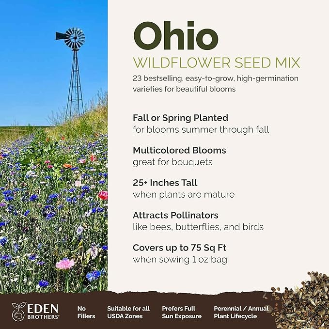 Eden Brothers Ohio Wildflower Mixed Seeds for Planting, 1 oz, 30,000+ Seeds with Sweet William, Cornflower | Attracts Pollinators, Plant in Spring or Fall, Zones