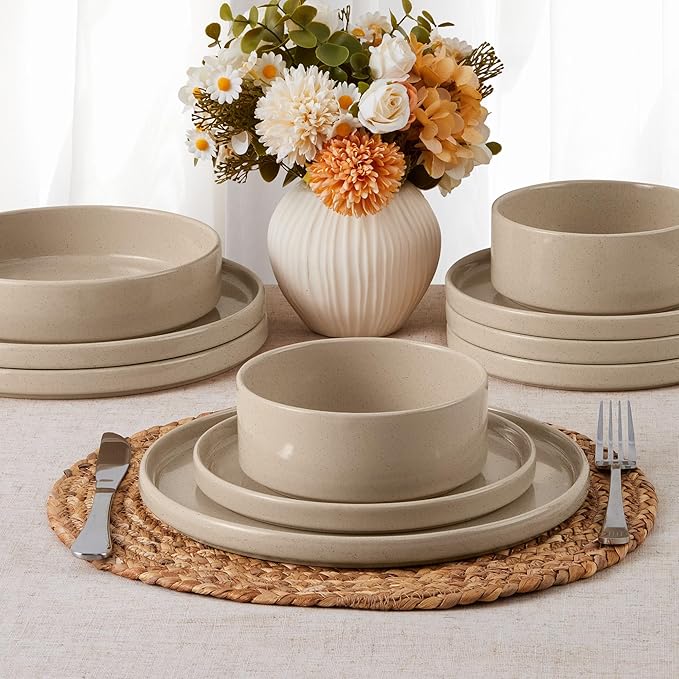 E-far Dinnerware Sets for 8, 24-Piece Stoneware Plates and Bowls Dish Set, Modern Kitchen Dinning Dishware, Chip and Scratch Resistant, Microwave & Dishwasher Safe, Speckled Khaki