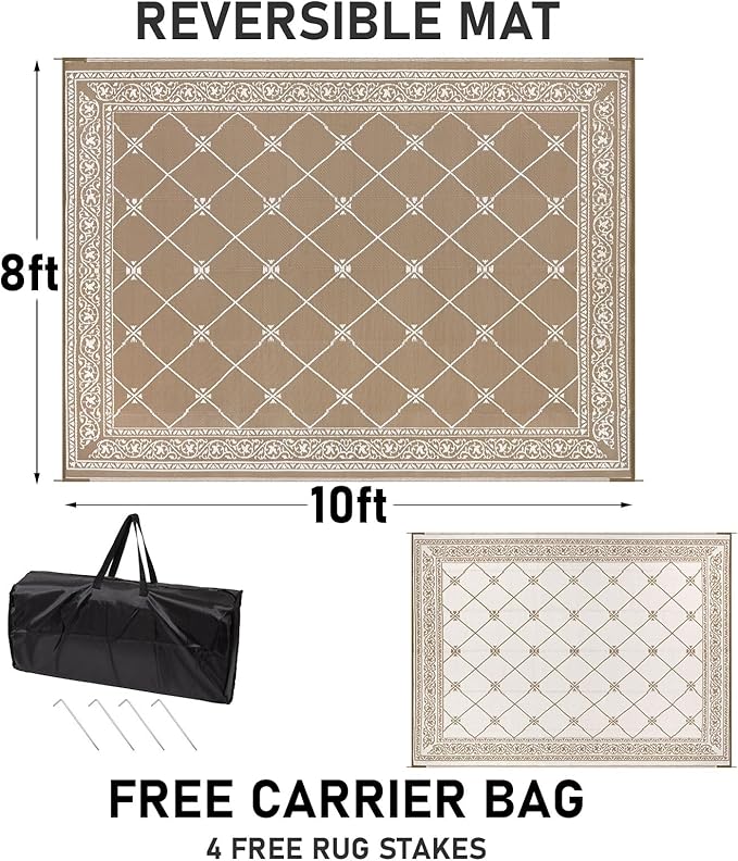 Outdoor Rug 8'x10' for Patios Waterproof Grey Patio Rugs Outdoor Mats for Front Porch,Beach Mat,Reversible Plastic Straw Camping Rugs for Outside RV,Deck,Balcony,Backyard