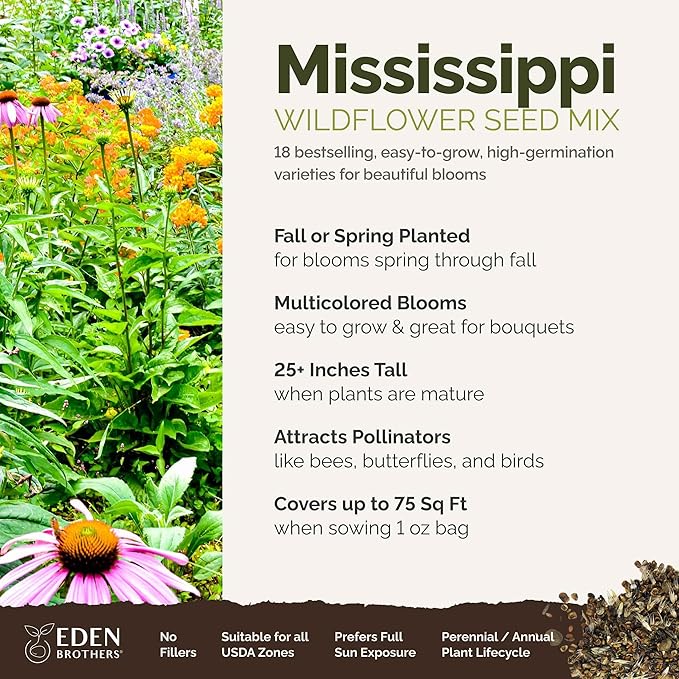 Eden Brothers Mississippi Wildflower Mixed Seeds for Planting, 1 oz, 30,000+ Seeds with Lupine, Sunflower | Attracts Pollinators, Plant in Spring or Fall, Zones