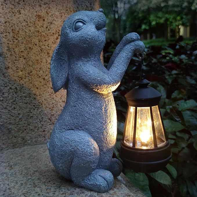 Rabbit Solar Garden Outdoor Statues,Resin Rabbit Figurine Decorations with Solar Lights Lantern, Outdoor Resin Bunny Decor for Lawn,Yard, Unique Housewarming Gift for Garden Home