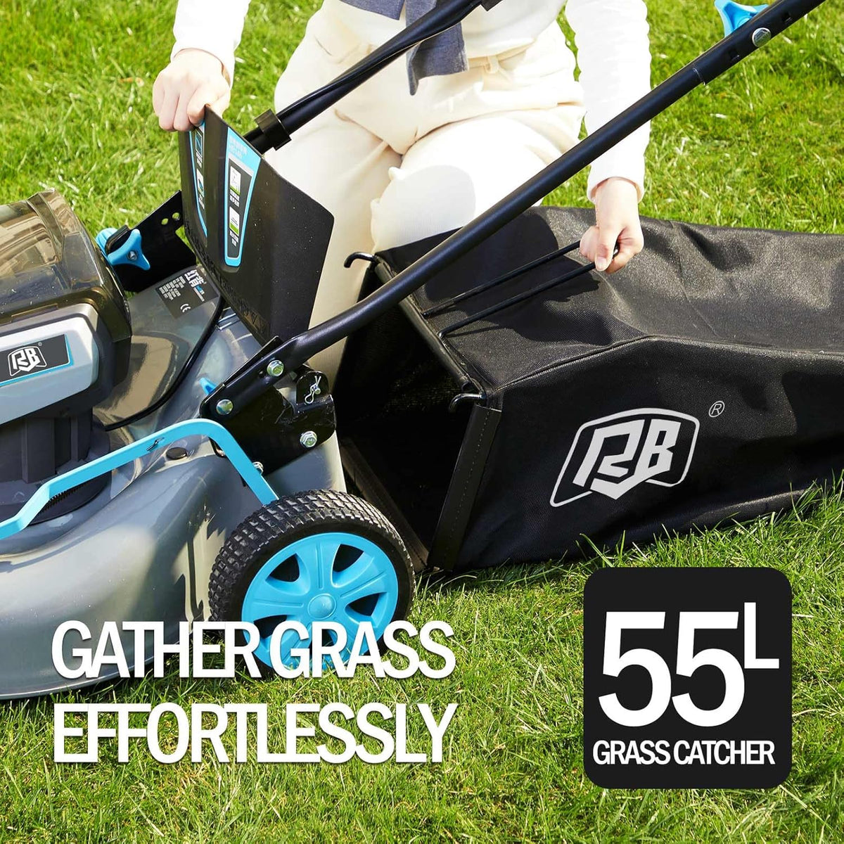 RB 80V Battery Power Lawn Mower 18” Cordless 7 Cutting Heights Adjustable Lawnmower Brushless Motor Low Noise 4 in 1 Push Mower with Fast Charger and 2 x40V 4.0AH Battery